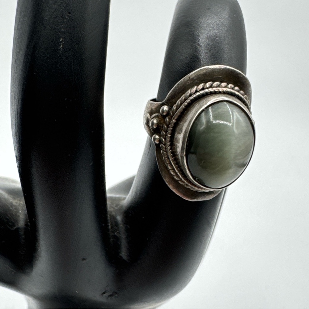 925 Sterling Silver Vintage Real Cabochon Black Cat's Eye Ring Size 5